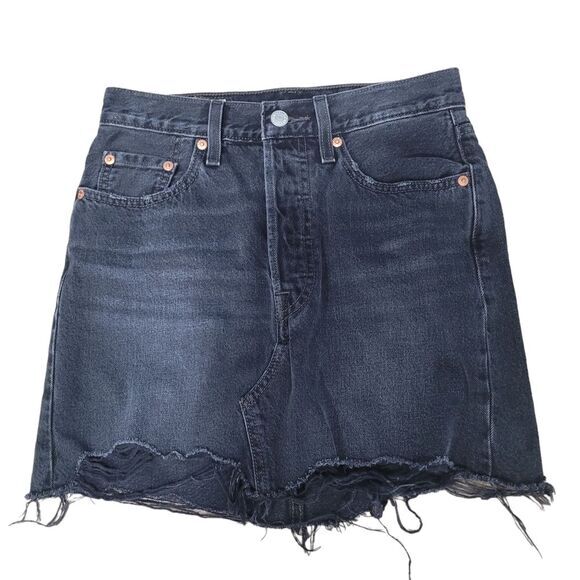 Levi’s Premium Button Fly Deconstructed Denim Mini Skirt Frayed Hem Black‎ - Picture 1 of 5